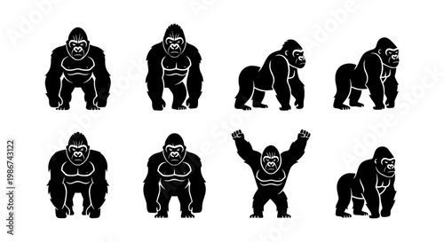 Gorilla silhouette vector set, 8 black ape icons in various poses, powerful silverback primate mascot collection for sports logos and branding