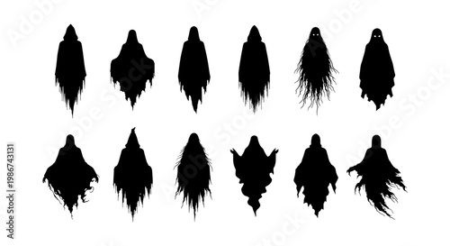 Spooky ghost silhouettes set, 12 creepy phantom icons for Halloween. Dark spirit vector collection, mysterious haunting wraith shapes on white background