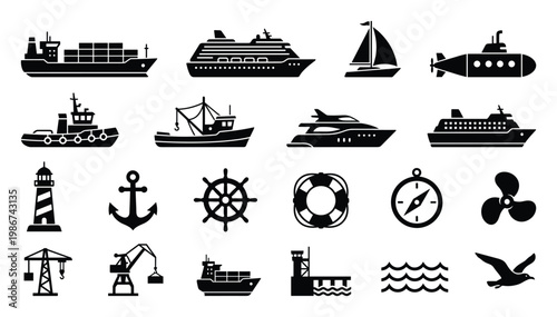 Essential collection of marine transport and nautical glyph icons featuring various ships, boats, and sea navigation symbols suitable for web apps, user interfaces, and travel projects.
