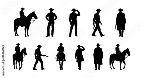 Vintage cowboy silhouettes set, wild west outlaw and sheriff characters, western horse rider vector collection, 11 black isolated figures for graphic design