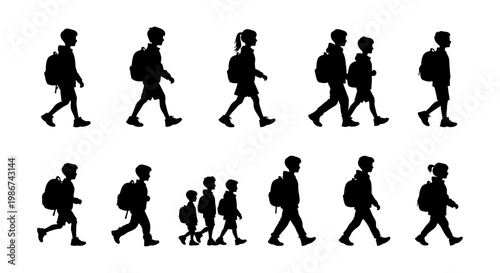 School children silhouettes with backpacks walking, set of student figures going to school, black vector icons of kids with bags