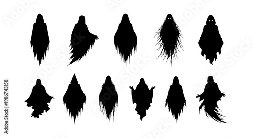 Spooky ghost silhouette collection, set of 11 black phantom icons, creepy flying spirit vector illustrations for Halloween design and horror themes