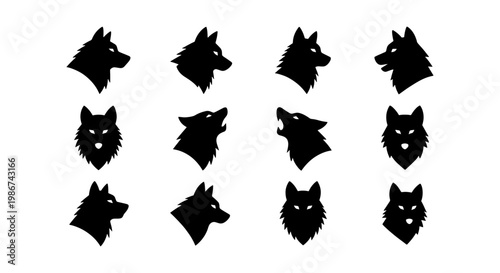 Wolf head silhouette set, 12 black canine icons in profile and front view, minimalist predator animal vector graphics for logo design and branding