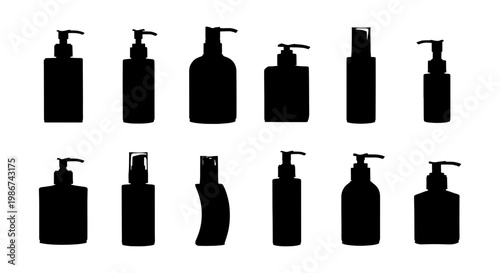 Cosmetic bottle silhouettes set, 12 black pump dispenser icons, beauty product packaging vector, skincare and soap container shapes