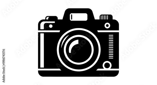 Vintage photo camera icon vector, classic film camera silhouette, black and white photography equipment symbol for logo design and web UI