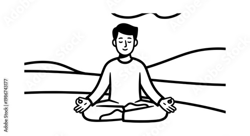 Minimalist line art meditation man vector, peaceful male character practicing yoga in nature, simple black and white outline of person in lotus pose