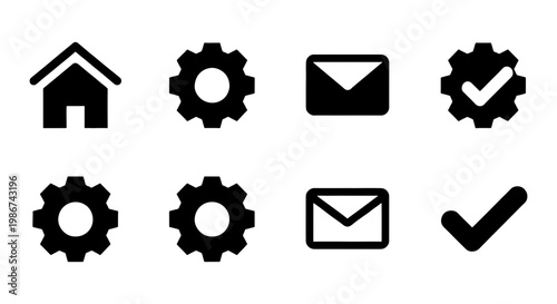 Minimalist black web icon set, 8 vector UI elements including home, gear settings, email envelope, and checkmark symbols for mobile app interface design