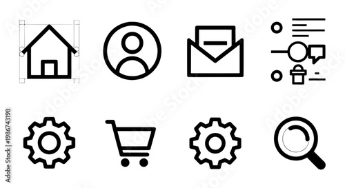 Minimalist black line icons set, modern web interface symbols, 8 vector elements for mobile apps and website navigation menus