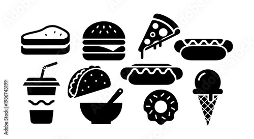 Fast food icon set with 10 black vector elements, junk food silhouettes including burger and pizza, restaurant menu symbols for takeout and delivery