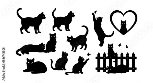 Black cat silhouette collection, 12 feline vector elements in various poses, domestic cat silhouettes with heart and fence for pet lover designs