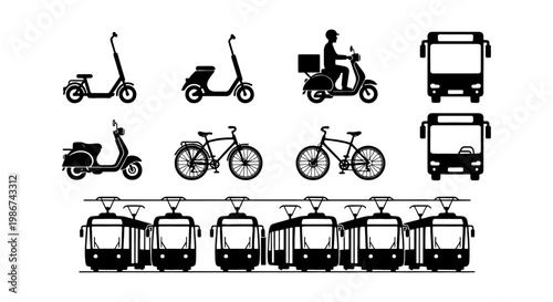 Public transport icons set, urban mobility silhouettes including bus, tram, and bicycle, black vector symbols for city traffic and delivery services