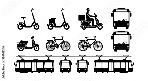 Urban transportation icons set, black silhouette city vehicles including bus, tram, bicycle and scooter, modern public transit and delivery vector