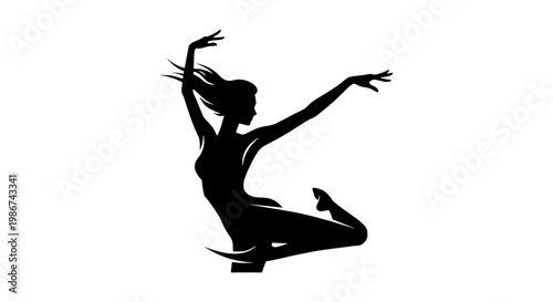 Graceful dancing woman silhouette, elegant female dancer vector icon, expressive contemporary dance pose, black minimalist artistic figure