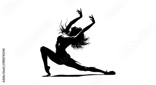 Dynamic ballet dancer silhouette, graceful woman performing contemporary dance pose, black and white expressive female dancer vector illustration