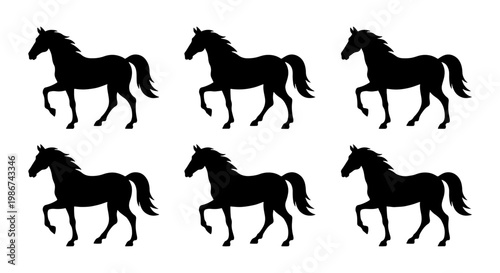 Black horse silhouette collection, set of 6 stallion vector icons, standing equine animal shapes, minimalist farm animal graphics for logo design
