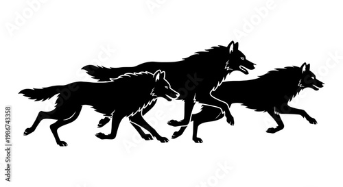 Running wolf pack silhouette vector, black wolves hunting in a group, wild animal predators in motion, minimalist canine wildlife illustration