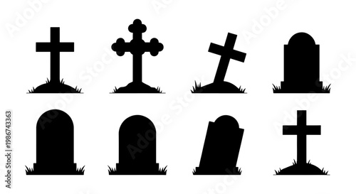 Spooky graveyard tombstone silhouettes set, 8 cemetery headstone icons with crosses and grass, black funeral grave markers for Halloween design