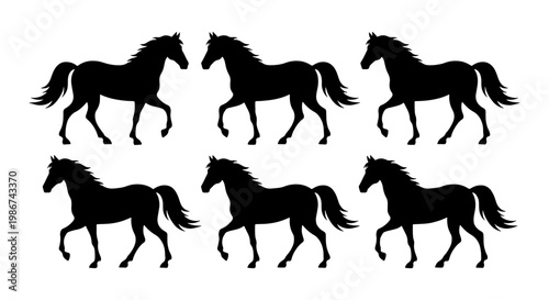 Black horse silhouette collection, set of 6 walking stallion vector icons, elegant equine animal outlines for farm and equestrian branding