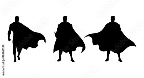 Superhero silhouette vector set, powerful male hero figures with flowing capes, black comic book character outlines on white background