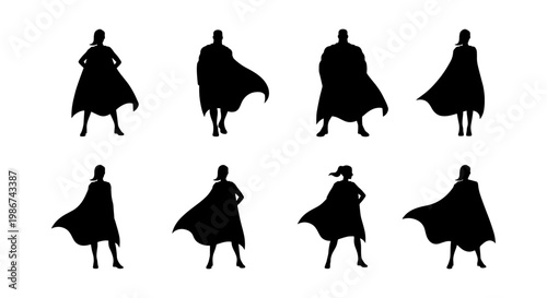 Superhero silhouette collection, set of 8 heroic male and female figures with capes, black character icons for comic book design and business leadership
