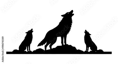 Howling wolf pack silhouette vector, wild wolves howling on rocks, black animal silhouettes for outdoor adventure and wilderness design