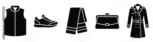 Stylish clothing and accessory icons including a vest sneaker scarf handbag and trench coat perfect for fashion ecommerce retail websites and lifestyle applications
