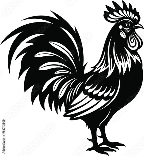 Black silhouette of a rooster with ornate tail feathers and comb chicken bird
