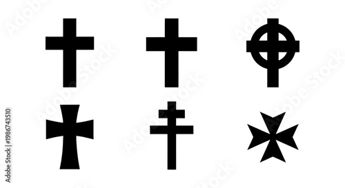 Christian cross icons set, 6 black religious symbols vector collection, traditional crucifix and celtic cross silhouettes for graphic design