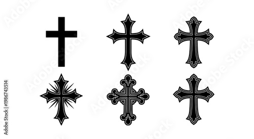 Gothic Christian cross vector set, ornate religious crucifix icons, black decorative church symbols, 6 elements for tattoo and graphic design