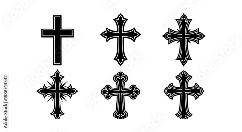Gothic Christian cross vector set, 6 decorative religious crucifix icons, ornate black church symbols for tattoo design and spiritual branding