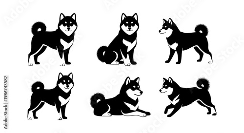 Black Shiba Inu dog vector set, 6 Japanese dog breed silhouettes in various poses, minimalist black and white canine illustrations for logo design