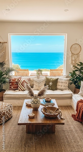 Coastal living room with ocean view.