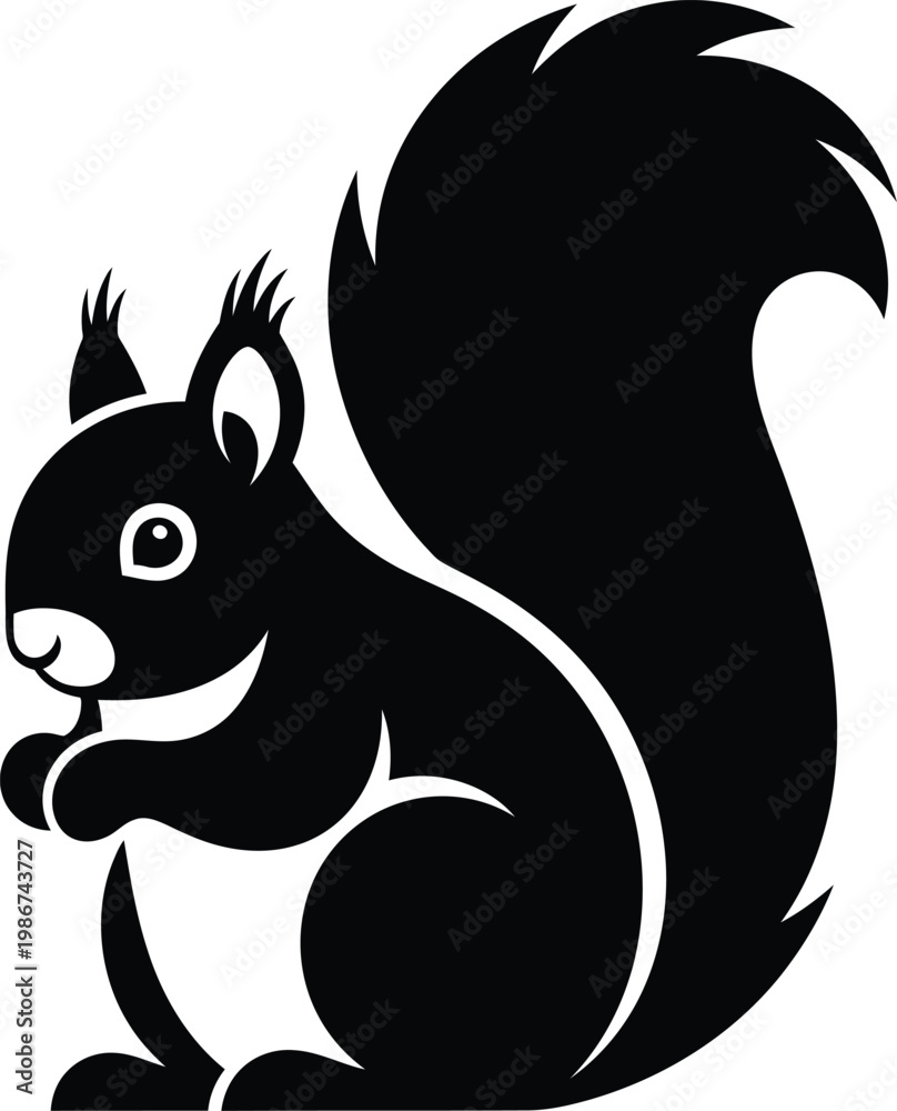 Fototapeta premium Black silhouette of a stylized squirrel with a large bushy tail animal white