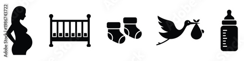 Black silhouette icons depicting essential maternity and newborn items like a pregnant woman, crib, socks, stork, and feeding bottle for various family health projects and baby product