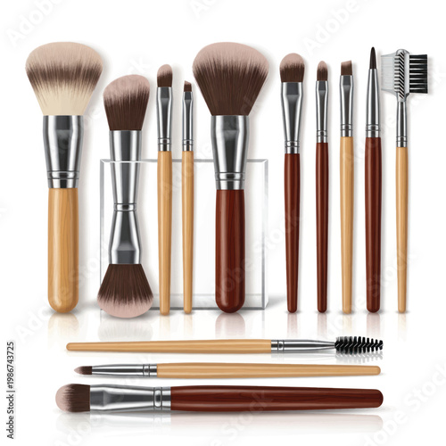 Assorted professional makeup brushes with wooden handles and metal ferrules in a brush set.