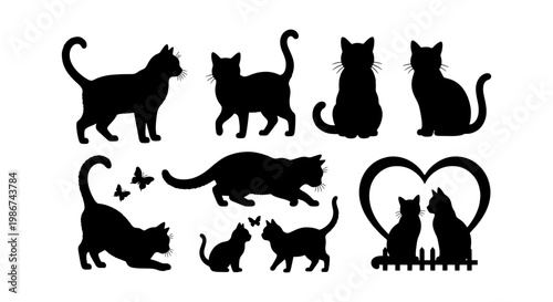 Black cat silhouettes collection, 9 feline vector elements in various poses, domestic cat icons with butterflies and heart shape, pet animal silhouettes