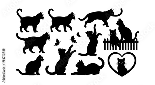 Black cat silhouettes collection, set of 11 feline vector elements, domestic cat poses with butterflies and heart shape, animal shadow graphics