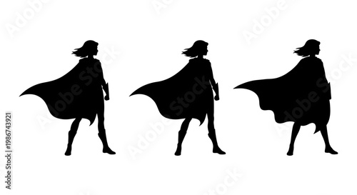 Superhero woman silhouette set, female hero with flowing cape vector icons, powerful woman standing in heroic pose, black character silhouettes