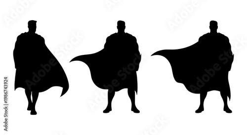 Superhero silhouette collection, heroic male figure in cape set of 3 vectors, powerful man standing in various poses, comic book character icons