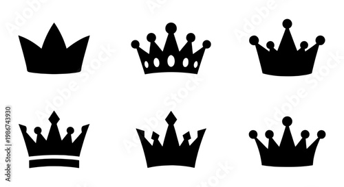 Royal crown silhouette icons, set of 6 black imperial headwear vectors, elegant king and queen tiara symbols, luxury monarch graphic elements