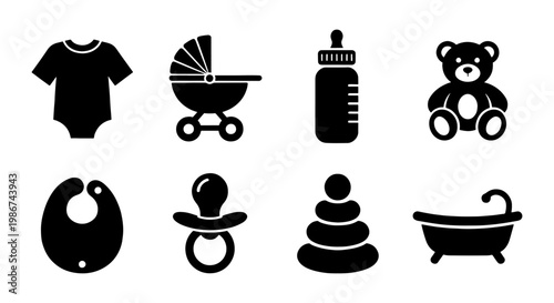Baby care icon set with 8 black silhouettes, newborn nursery essentials vector collection, infant toys and clothing symbols for parenting apps