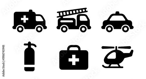Emergency services icon set with 6 black vector elements, ambulance and fire truck silhouettes, police car and medical kit symbols for safety signage