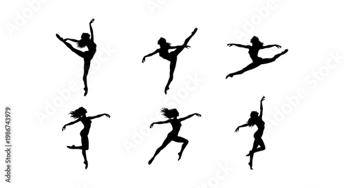 Graceful ballerina silhouettes set, elegant ballet dancer poses in black vector, collection of 6 female dancing figures for performance posters