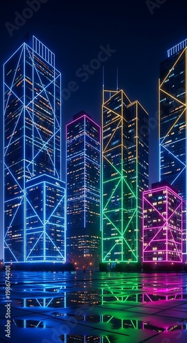 Neon lit cityscape at night urban.