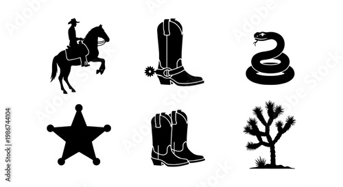 Wild West black silhouette icons set, 6 western elements including cowboy on horse and sheriff star, desert rattlesnake and joshua tree vector graphics