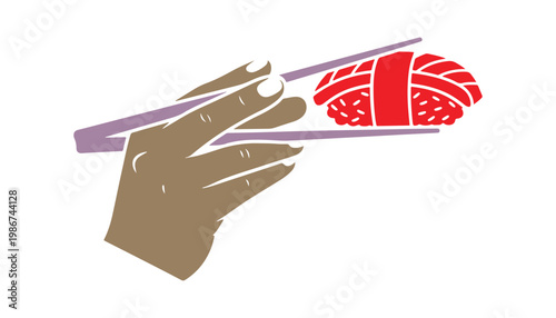 Sushi grasped gently between a pair of chopsticks in a clean design.