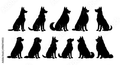 German Shepherd dog silhouettes, set of 11 black canine vector elements, sitting guard dog profile shapes, domestic pet animal silhouettes