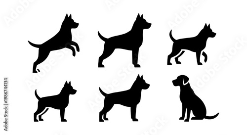 Black dog silhouettes in various poses, set of 6 canine vector icons, standing and jumping dog profile shapes, minimalist pet animal graphics
