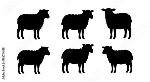 Black sheep silhouette collection, set of 6 farm animal vector icons, woolly livestock silhouettes for agriculture branding and logo design