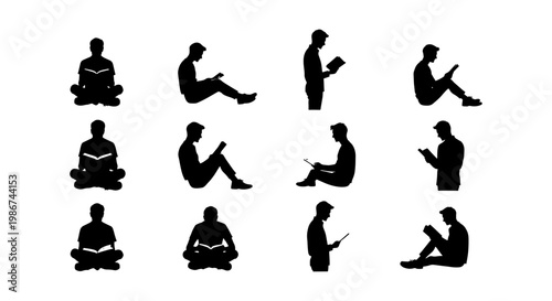 People reading books silhouettes, set of 12 black vector icons of students and readers, diverse poses of people studying and learning